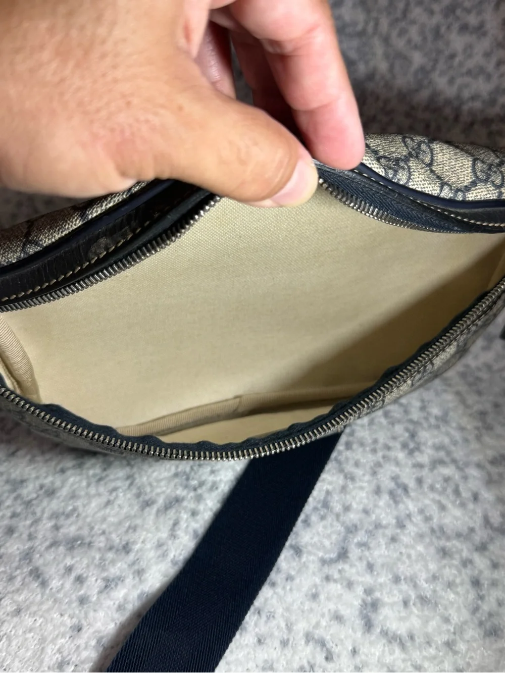 Gucci Brown/Tan GG Canvas Belt Bag with Navy Strap